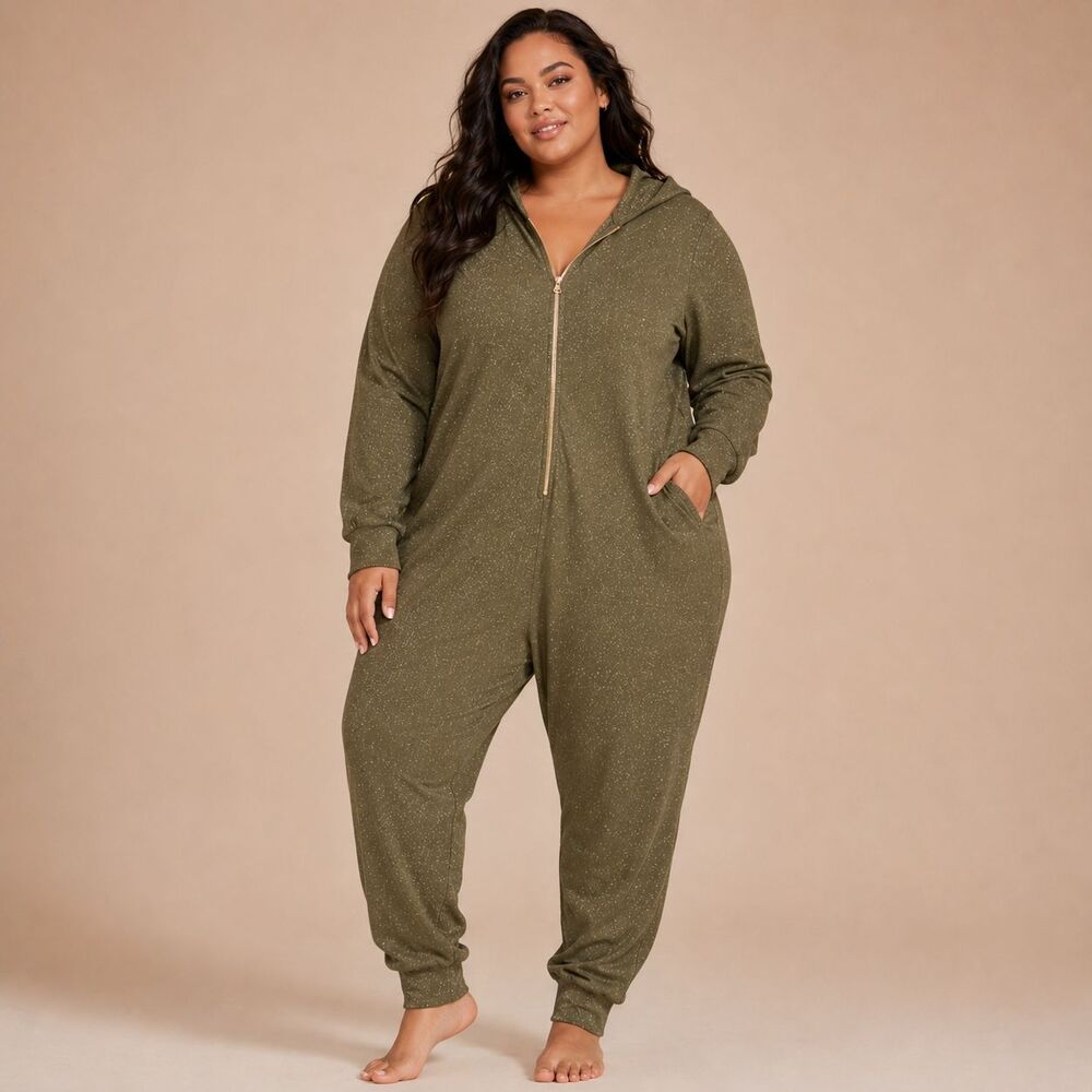 Savage X Fenty Sleep & Shine Hooded One Piece Lurex Jumpsuit 2X Olive Green - Picture 11 of 11